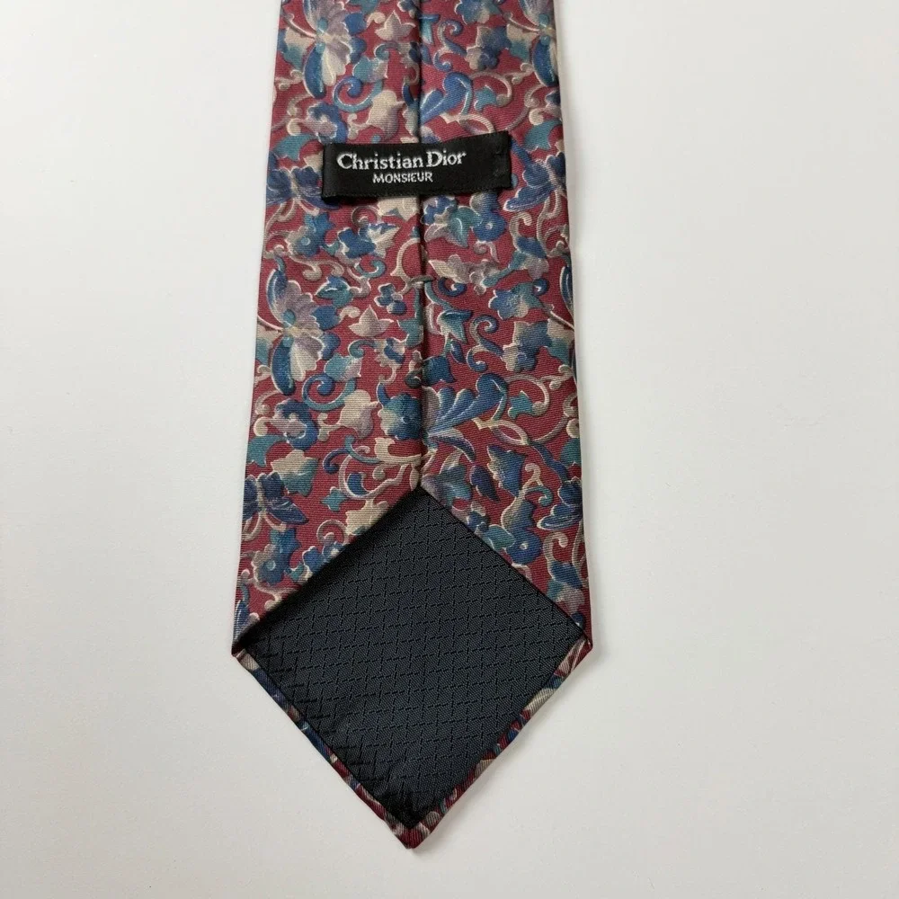 Vintage‎ Christian Dior Monsieur Burgundy Blue Floral Paisley Silk Tie